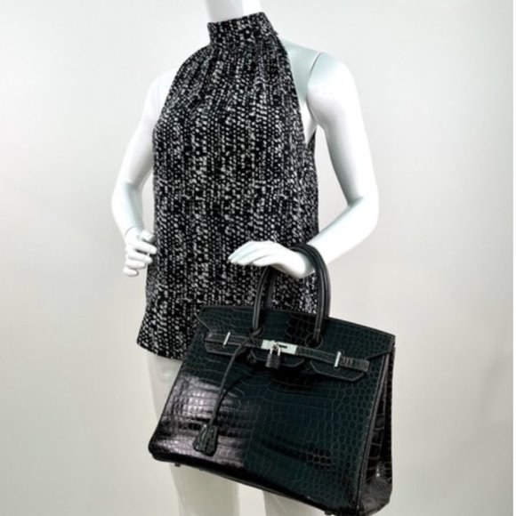 Hermes Shiny Porosus Crocodile Skin Birkin 35 w Palladium HW in Graphite - Picture 3 of 13